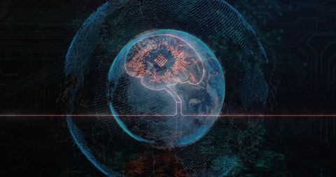 Global ai brain circuit hologram over earth with neural network mesh and red scan line