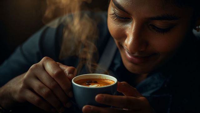 Indian woman smiling while holding steaming espresso cup with latte art and coffee beans