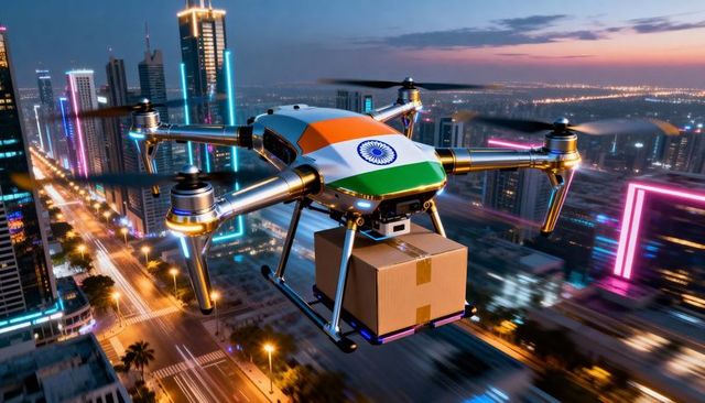 Futuristic indian-flag cargo drone delivering package over neon city skyline at dusk