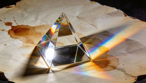 Glass prism refracting and casting rainbow light across aged paper