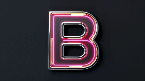 Glowing neon letter b with chrome frame on black background