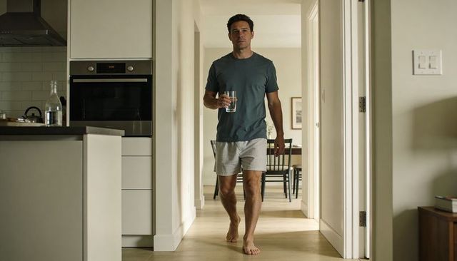 Barefoot man walking through modern kitchen hallway holding glass of water