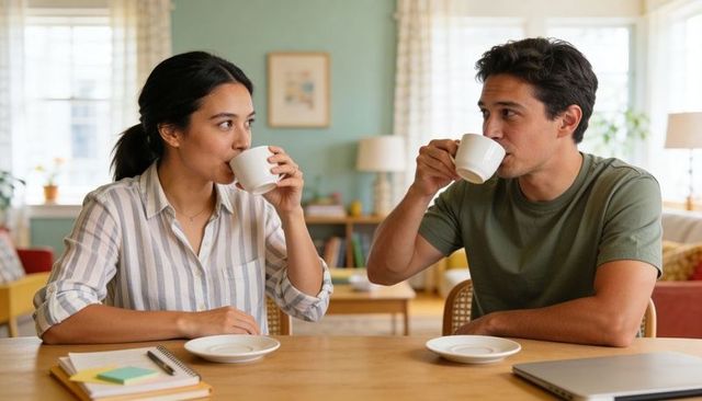 Couple sipping morning coffee at home, working together, relaxed kitchen table moment