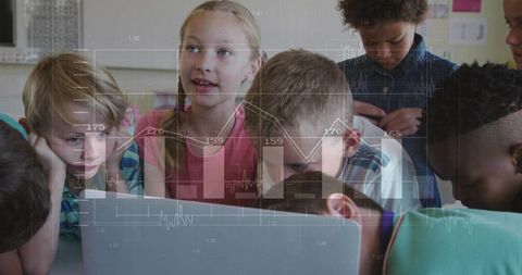 Students collaborating around laptop with data overlays, hands-on teamwork and STEM skills