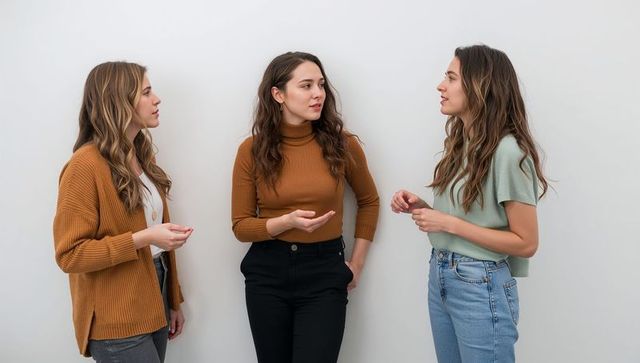 Three women standing and talking casually against neutral wall, friendly conversation