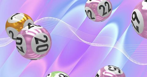 Floating lottery balls with numbers on colorful background
