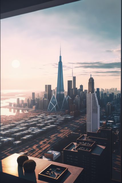 Skyline with modern buildings seen through window, created using generative ai technology. Urban architecture and cityscape concept digitally generated image.