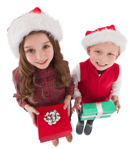 Smiling Children in Santa Hats with Christmas Presents on Transparent Background
