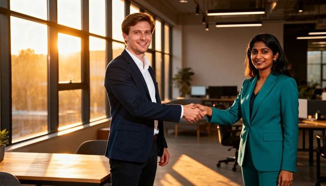 Business partners shaking hands in modern open-plan office at golden hour