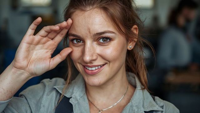 Smiling young woman raising hand to forehead in cozy cafe closeup portrait with freckles
