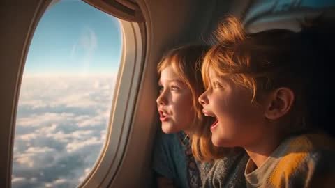 Excited Sisters Admiring Clouds in Airplane Adventure
