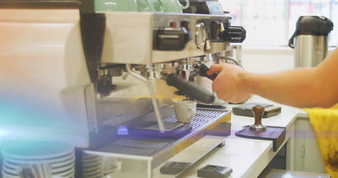 Barista Preparing Espresso in Modern Cafe with Blue Light Effect