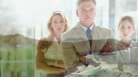 Business Executives in Creative Double Exposure with Coastal Landscape