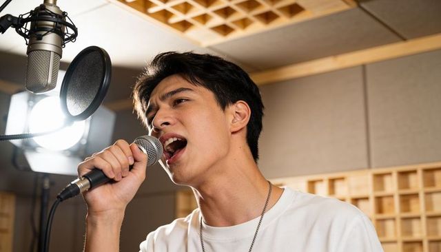 Young male vocalist singing passionately into handheld mic in recording studio booth