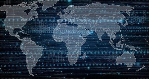Global digital network map centering africa and eurasia with streaming data nodes, hex grid