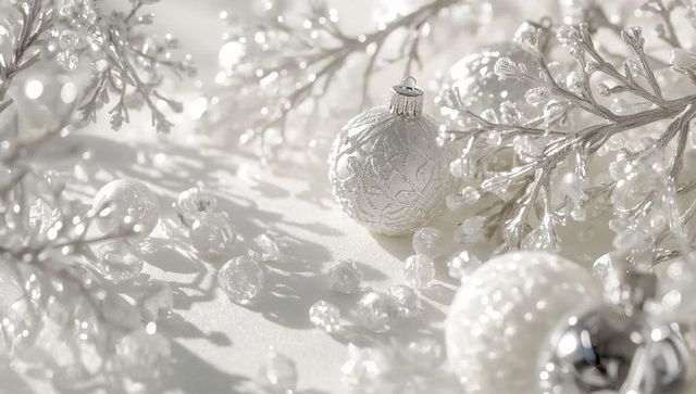 White baubles and frosted branches glittering with crystal beads, minimalist pale backdrop