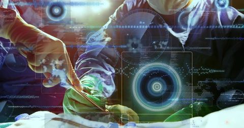 Surgeons performing high-tech surgery with augmented reality hud overlays