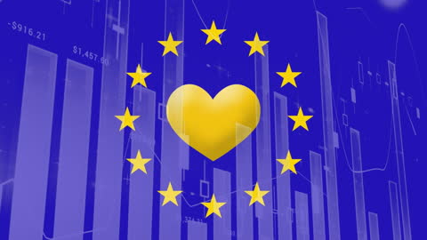 European Union Heart with Data Graphics Illustrating Economic Issues