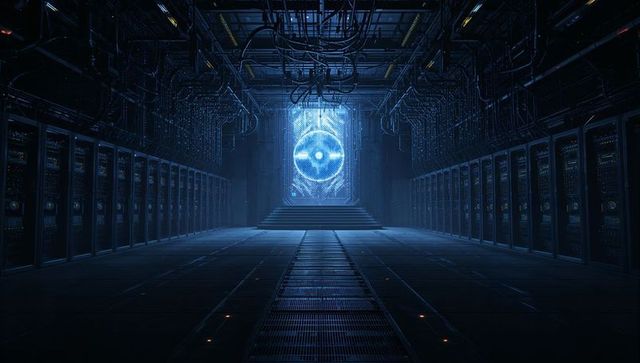 Pulsating blue portal in futuristic tech hallway