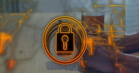 Neon lock overlaying laptop representing cybersecurity and data privacy with futuristic circuitry