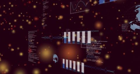 3d data dashboard displaying bar chart panels, line graphs, code streams and neon particles