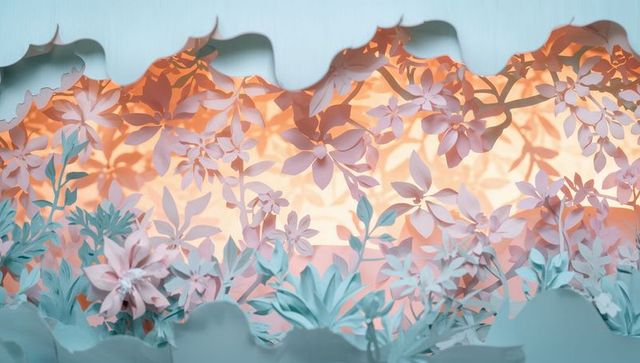Pastel paper-cut floral diorama with warm backlight, scalloped frame and silhouette layers