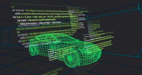 Neon green wireframe sedan rotating in virtual grid tunnel with holographic code overlays