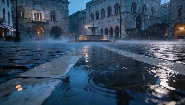 Rain-soaked cobblestone piazza with central fountain casting reflections in misty dusk
