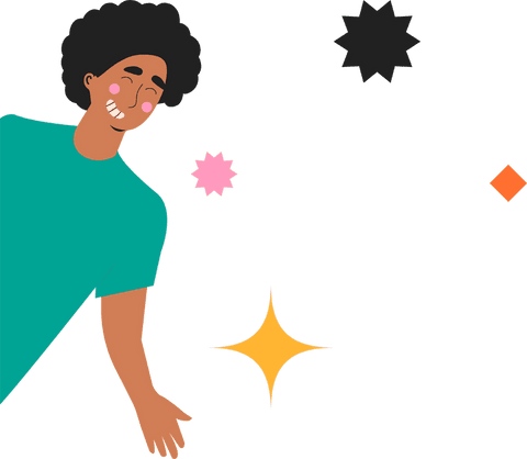 Smiling man leaning with vibrant geometric shapes