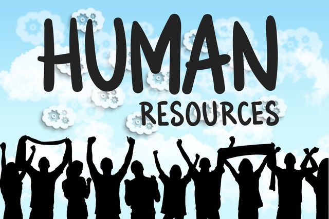 Silhouetted team members are enthusiastically celebrating under a blue sky with 'Human Resources' text. This image is ideal for presentations, corporate communications, HR brochures, team-building promotional material, and workplace motivational posters.