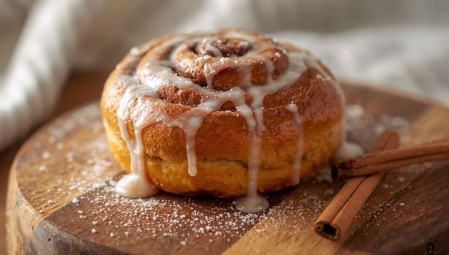 Cinnamon roll dripping vanilla glaze on rustic wooden board with cinnamon sticks