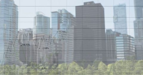 Cityscape with Financial Data Overlay Reflecting Market Trends