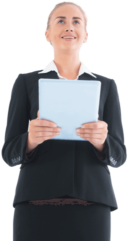 Happy caucasian businesswoman holding tablet on transparent background