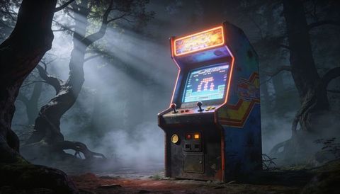 Glowing Retro Arcade Cabinet Standing in Foggy Forest Clearing with Neon CRT Display