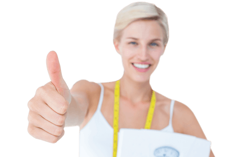 Happy woman holding scales giving thumbs up on transparent background