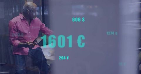 Executive reviewing financial analytics through glass with currency overlays and reflections