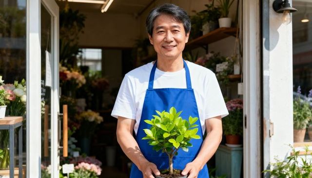 Smiling florist holding young potted tree in blue apron at sunlit urban plant shop doorway