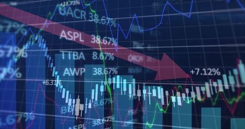 Market Dashboard Showing Downward Arrow Over Candlestick Charts and Percentage Labels