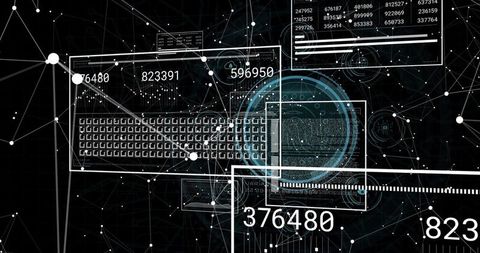 Futuristic hud data dashboard with keyboard schematic, network matrix and glowing digits