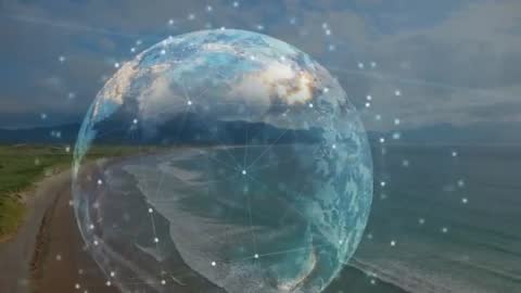 Rotating Transparent Globe Fusing with Aerial Beach Scene