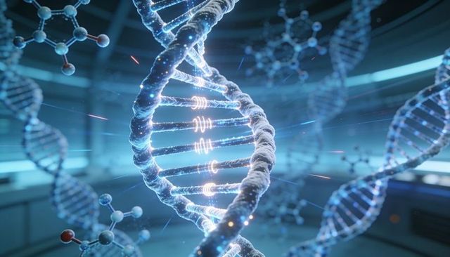 Glowing dna double helix emitting cyan particle trails in futuristic lab chamber