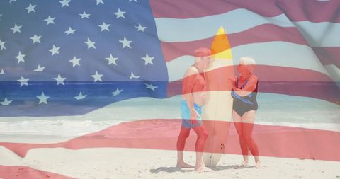 Elderly Couple with Surfboard Embracing American Spirit