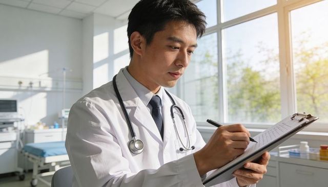Doctor writing on clipboard in bright clinic with stethoscope and examination bed