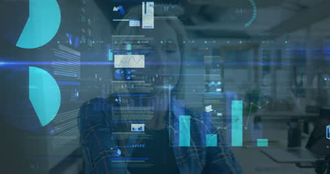 This visual features a businesswoman analyzing digital data overlays in an office setting, highlighting a high-tech approach to business with futuristic digital graphics such as charts and graphs. Ideal for themes related to business analysis, data-driven decision making, and modern technology integration in corporate environments.
