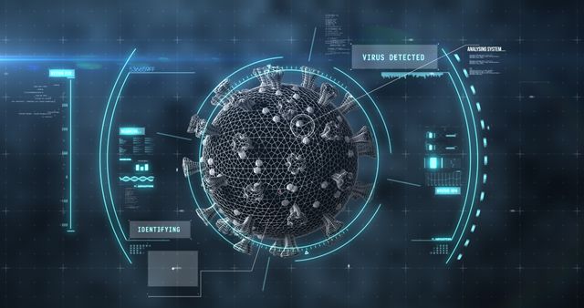 Digital depiction of a Covid-19 virus cell tracked by a high-tech scanning and identification system. Ideal for use in topics related to global health, pandemic updates, Covid-19 research, and medical technology advancements. This image can be utilized in educational content, scientific presentations, and health monitoring websites.