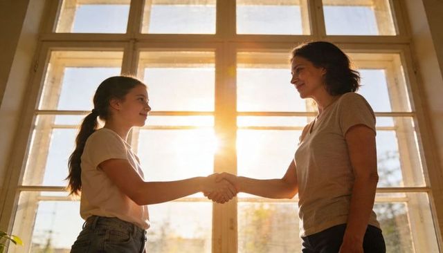 Shaking Hands Teen Girl and Woman Backlit by Sun Through Large Paned Window