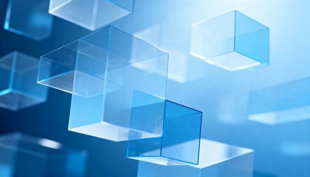Floating transparent glass cubes in blue abstract composition with soft haze and glints