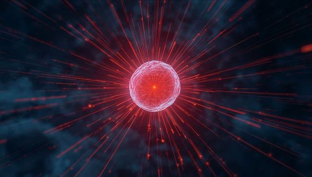 Glowing energy core radiating red beams with wireframe mesh in blue nebula