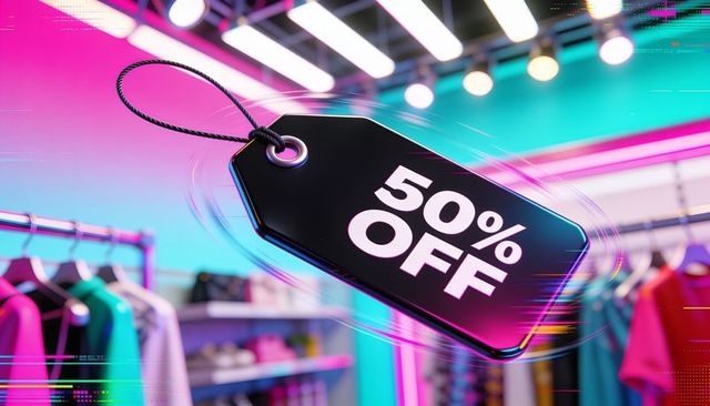 Glowing 50% off sale tag swinging over vibrant clothing boutique with neon lights