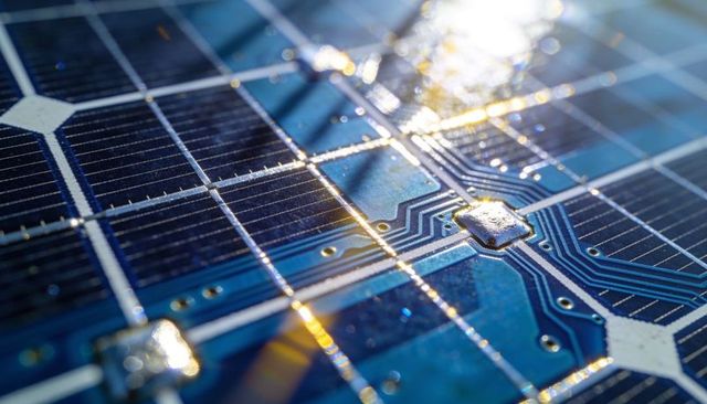 Macro solar cell circuitry showing conductive traces, solder pad and busbar details on blue